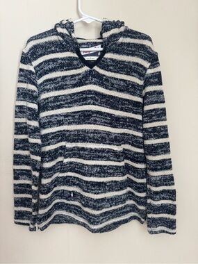 Johnnie-O Boys Navy White Striped Knit Hooded Sweater Pullover Size 7